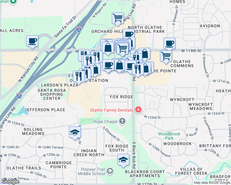 map of restaurants, bars, coffee shops, grocery stores, and more near 15307 West 121st Terrace in Olathe
