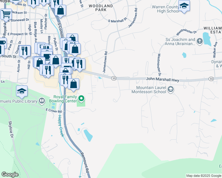 map of restaurants, bars, coffee shops, grocery stores, and more near 1029 Oakmont Drive in Front Royal