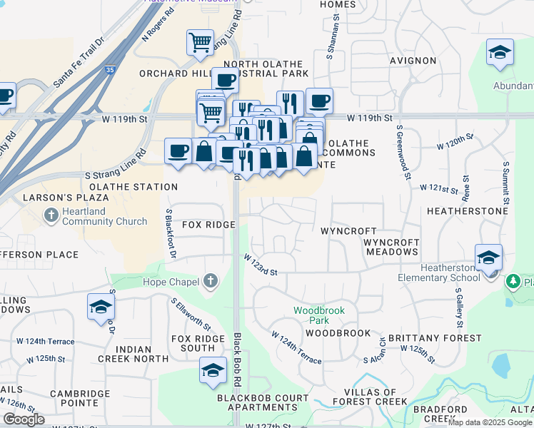 map of restaurants, bars, coffee shops, grocery stores, and more near 12235 South Black Bob Road in Olathe