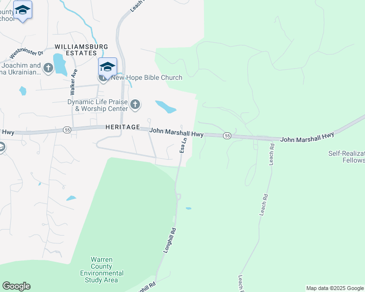 map of restaurants, bars, coffee shops, grocery stores, and more near Esa Lane in Front Royal