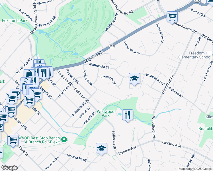 map of restaurants, bars, coffee shops, grocery stores, and more near 906 Kramer Court Southeast in Vienna