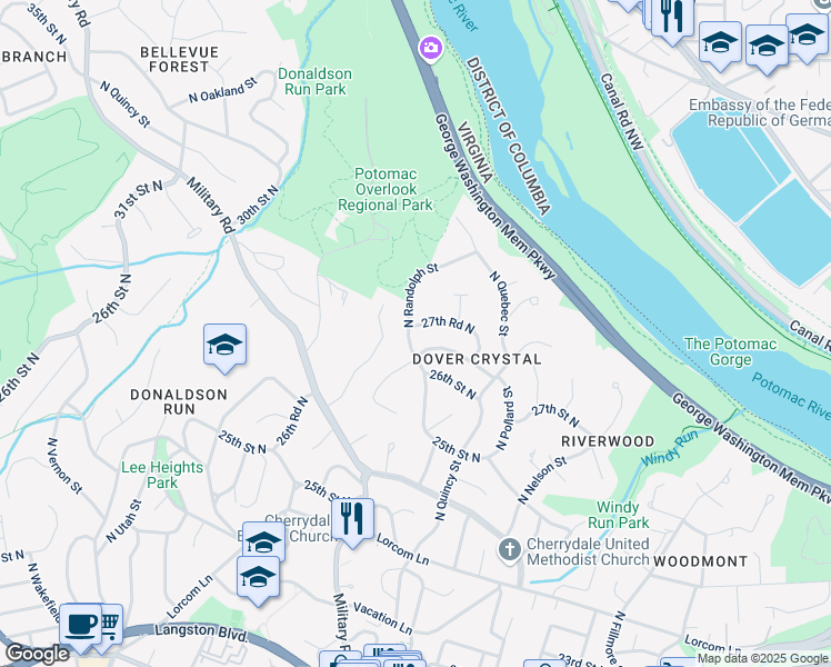 map of restaurants, bars, coffee shops, grocery stores, and more near 2715 North Randolph Street in Arlington