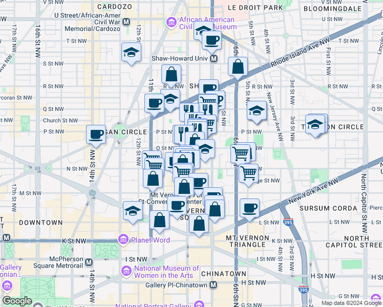 map of restaurants, bars, coffee shops, grocery stores, and more near 810 O Street Northwest in Washington