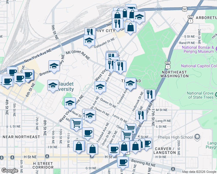 map of restaurants, bars, coffee shops, grocery stores, and more near 101 Independence Avenue Southeast in Washington