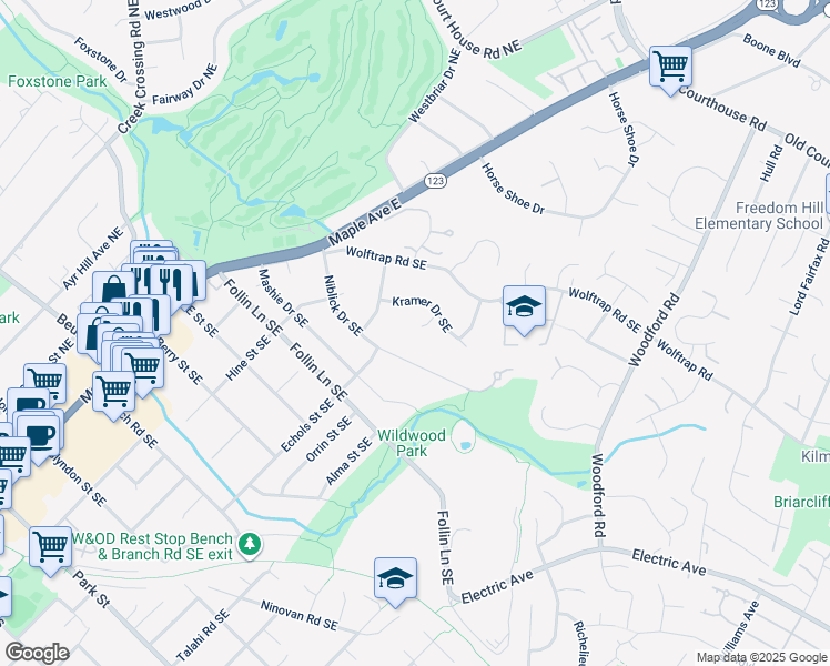 map of restaurants, bars, coffee shops, grocery stores, and more near 906 Kramer Court Southeast in Vienna