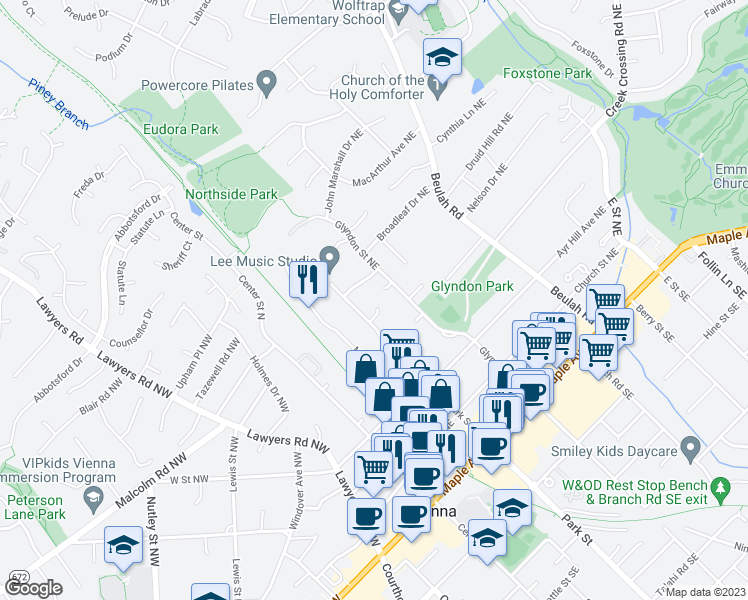 map of restaurants, bars, coffee shops, grocery stores, and more near 203 Albea Court Northeast in Vienna
