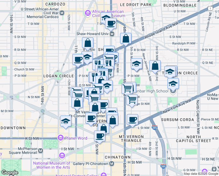 map of restaurants, bars, coffee shops, grocery stores, and more near 1330 7th Street Northwest in Washington