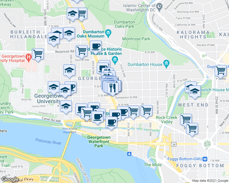 map of restaurants, bars, coffee shops, grocery stores, and more near 3148 O Street Northwest in Washington
