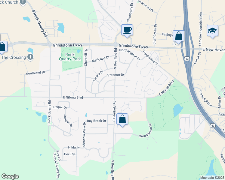 map of restaurants, bars, coffee shops, grocery stores, and more near 2311 Churchill Drive in Columbia