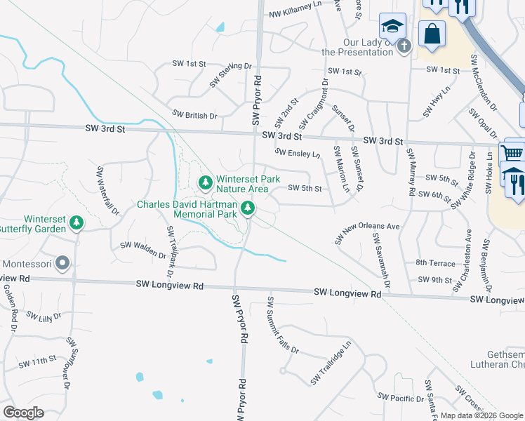 map of restaurants, bars, coffee shops, grocery stores, and more near Southwest Old Pryor Road in Lee's Summit