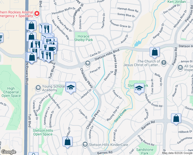 map of restaurants, bars, coffee shops, grocery stores, and more near 5236 Renault Court in Colorado Springs