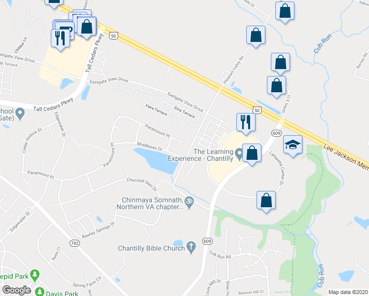 map of restaurants, bars, coffee shops, grocery stores, and more near 43889 Paramount Place in Chantilly