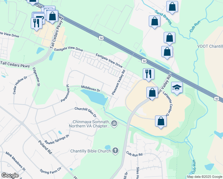 map of restaurants, bars, coffee shops, grocery stores, and more near 43889 Paramount Place in Chantilly