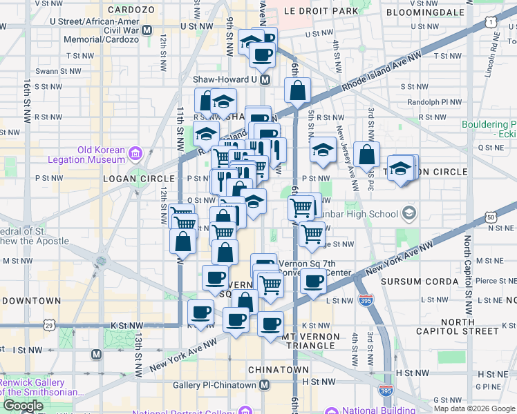 map of restaurants, bars, coffee shops, grocery stores, and more near 1330 7th Street Northwest in Washington
