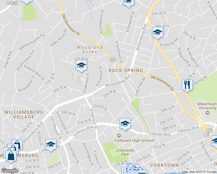 map of restaurants, bars, coffee shops, grocery stores, and more near 5100 Williamsburg Boulevard in Arlington