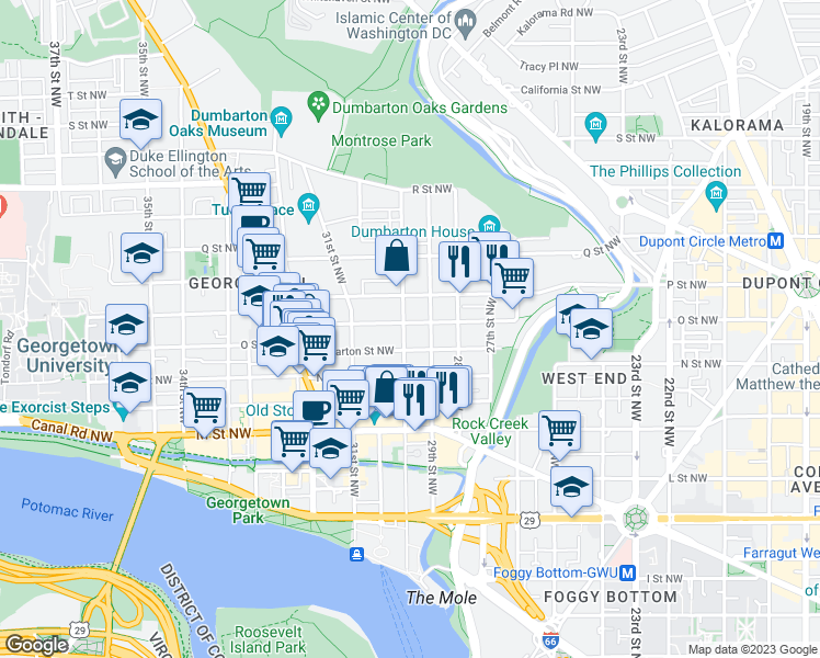 map of restaurants, bars, coffee shops, grocery stores, and more near 1345 30th Street Northwest in Washington