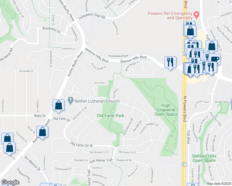 map of restaurants, bars, coffee shops, grocery stores, and more near 5285 Silo Ridge in Colorado Springs