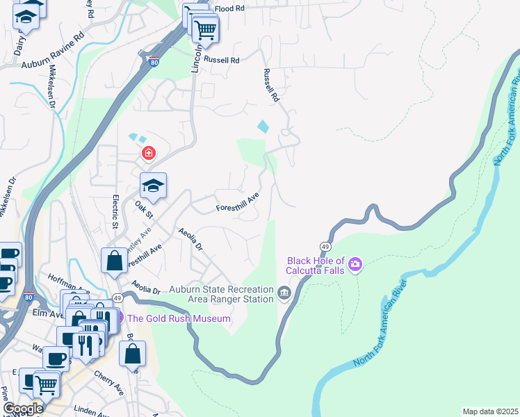map of restaurants, bars, coffee shops, grocery stores, and more near 532 Foresthill Avenue in Auburn