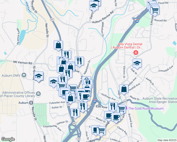 map of restaurants, bars, coffee shops, grocery stores, and more near 638 Mikkelsen Drive in Auburn