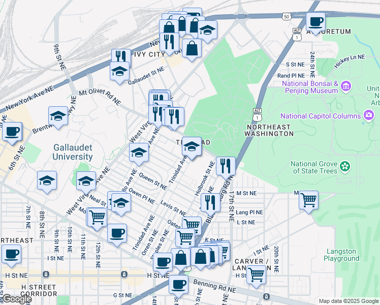 map of restaurants, bars, coffee shops, grocery stores, and more near 101 Independence Avenue Southeast in Washington