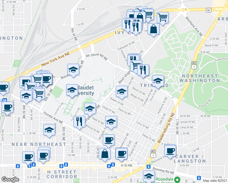 map of restaurants, bars, coffee shops, grocery stores, and more near 101 Independence Avenue Southeast in Washington