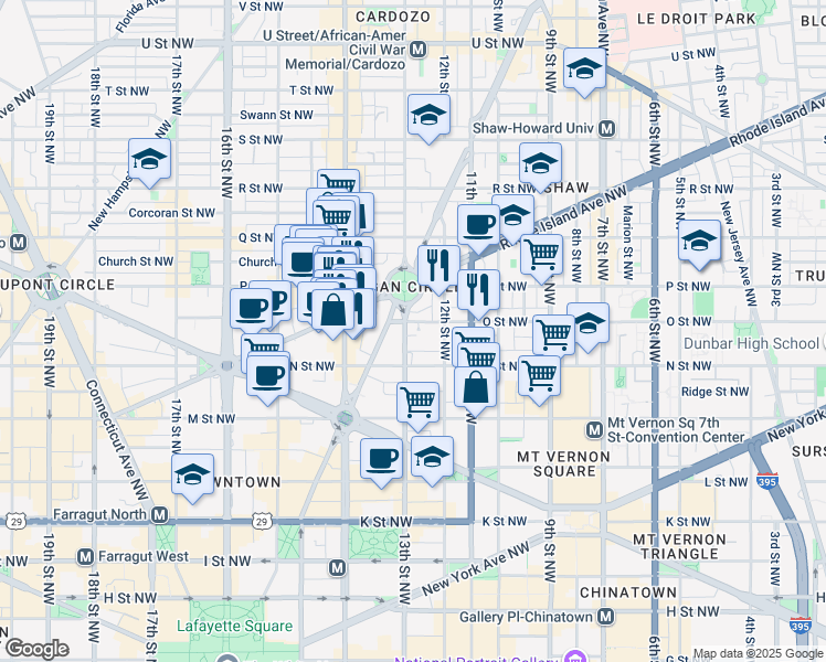 map of restaurants, bars, coffee shops, grocery stores, and more near 1325 13th Street Northwest in Washington