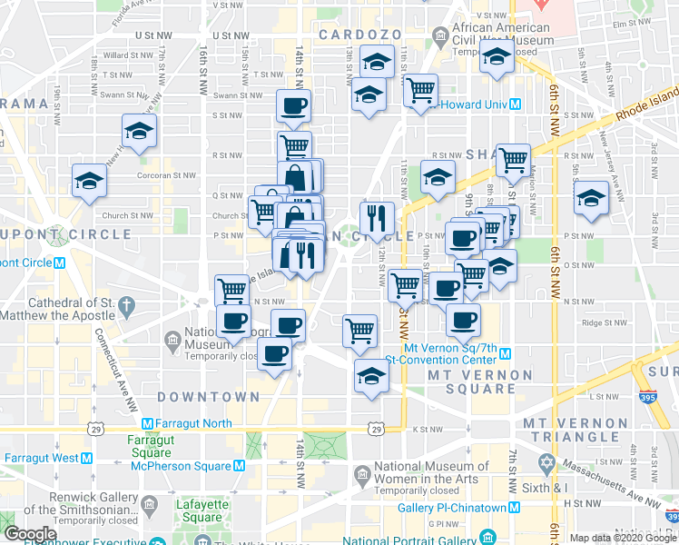 map of restaurants, bars, coffee shops, grocery stores, and more near 1325 13th Street Northwest in Washington