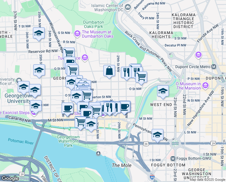 map of restaurants, bars, coffee shops, grocery stores, and more near 1345 30th Street Northwest in Washington