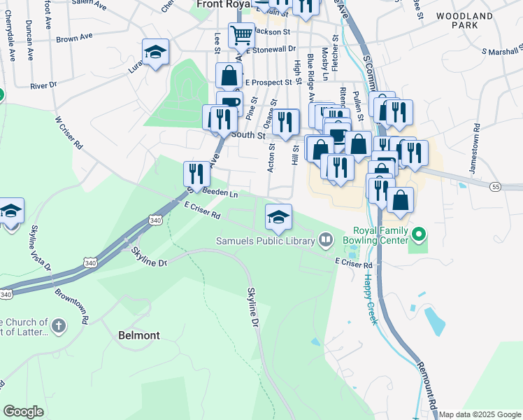 map of restaurants, bars, coffee shops, grocery stores, and more near 712 Parkview Drive in Front Royal