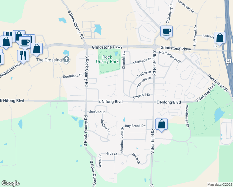 map of restaurants, bars, coffee shops, grocery stores, and more near 3716 Churchill Drive in Columbia