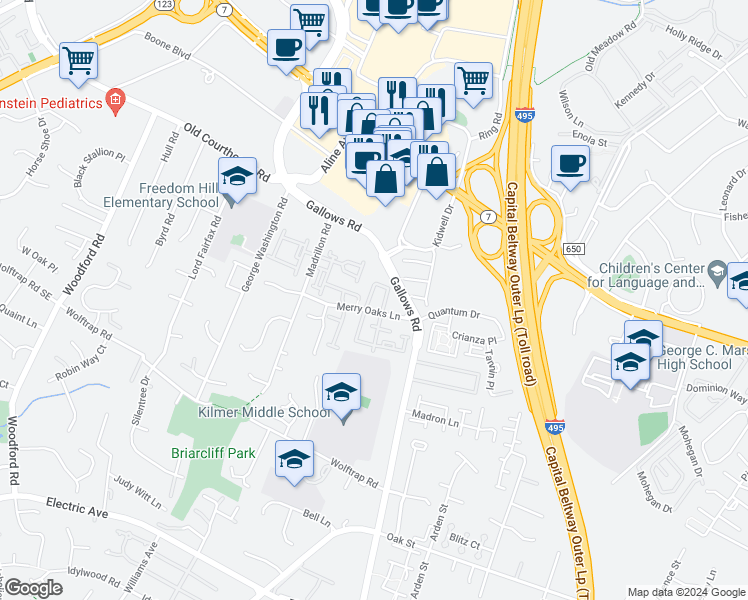 map of restaurants, bars, coffee shops, grocery stores, and more near 2009 Pieris Court in Vienna