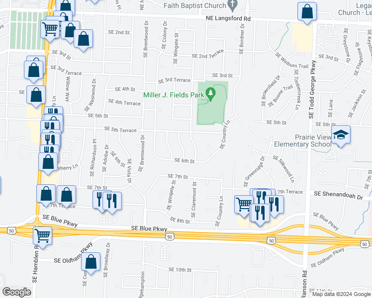 map of restaurants, bars, coffee shops, grocery stores, and more near 519 Southeast Granada Street in Lee's Summit