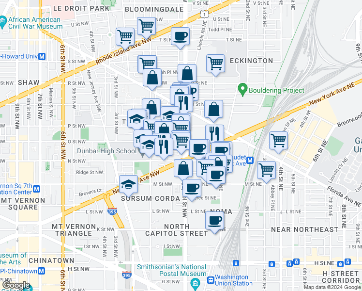 map of restaurants, bars, coffee shops, grocery stores, and more near 1334 North Capitol Street Northwest in Washington