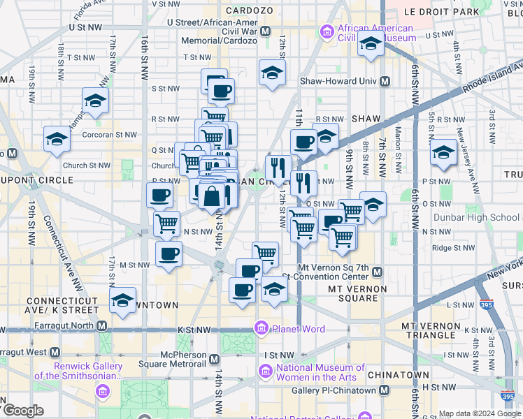 map of restaurants, bars, coffee shops, grocery stores, and more near 1325 13th Street Northwest in Washington