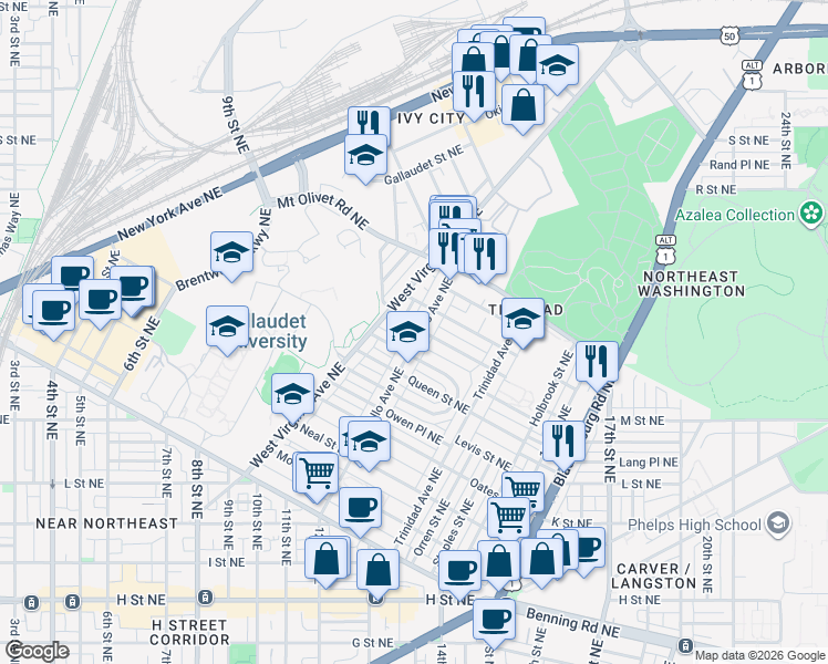 map of restaurants, bars, coffee shops, grocery stores, and more near 101 Independence Avenue Southeast in Washington