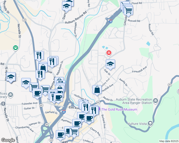 map of restaurants, bars, coffee shops, grocery stores, and more near 155 Ruby Street in Auburn