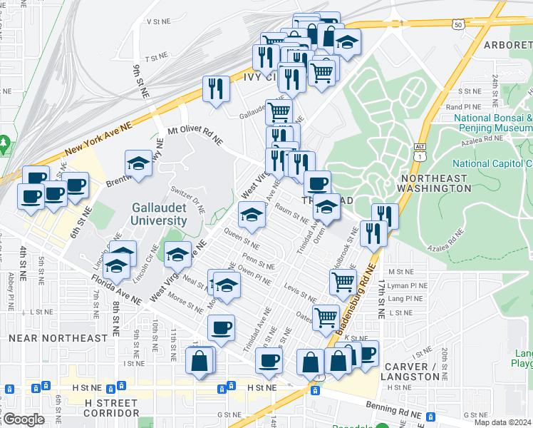 map of restaurants, bars, coffee shops, grocery stores, and more near 101 Independence Avenue Southeast in Washington