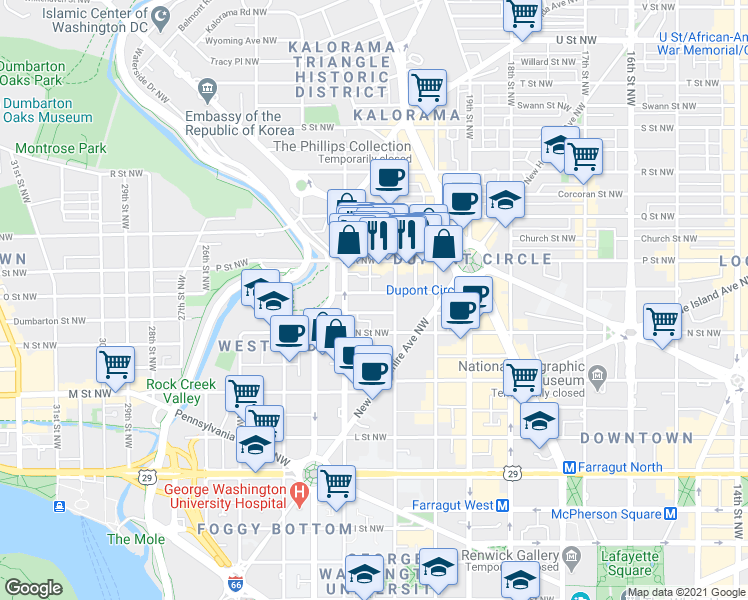 map of restaurants, bars, coffee shops, grocery stores, and more near 2120 O Street Northwest in Washington