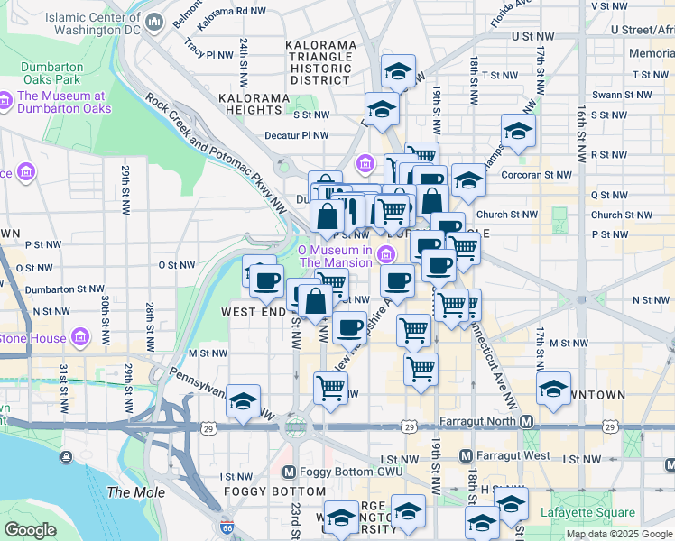 map of restaurants, bars, coffee shops, grocery stores, and more near 2142 O Street Northwest in Washington
