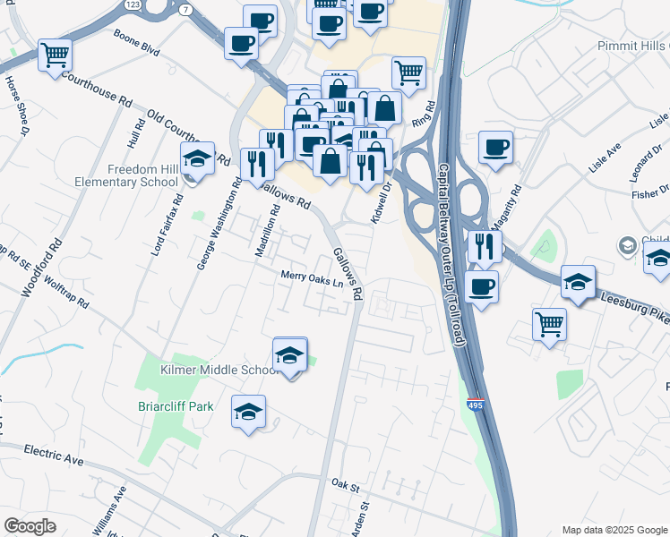 map of restaurants, bars, coffee shops, grocery stores, and more near 2054 Pieris Court in Vienna