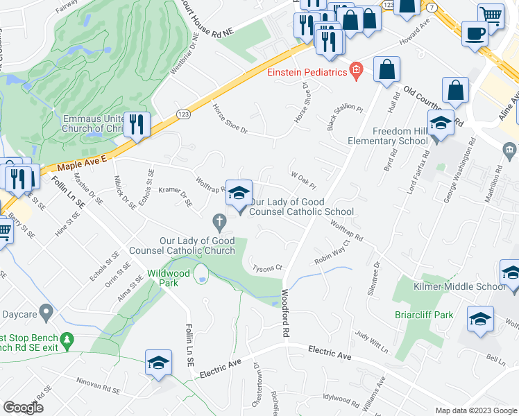 map of restaurants, bars, coffee shops, grocery stores, and more near 8521 Quaint Lane in Vienna