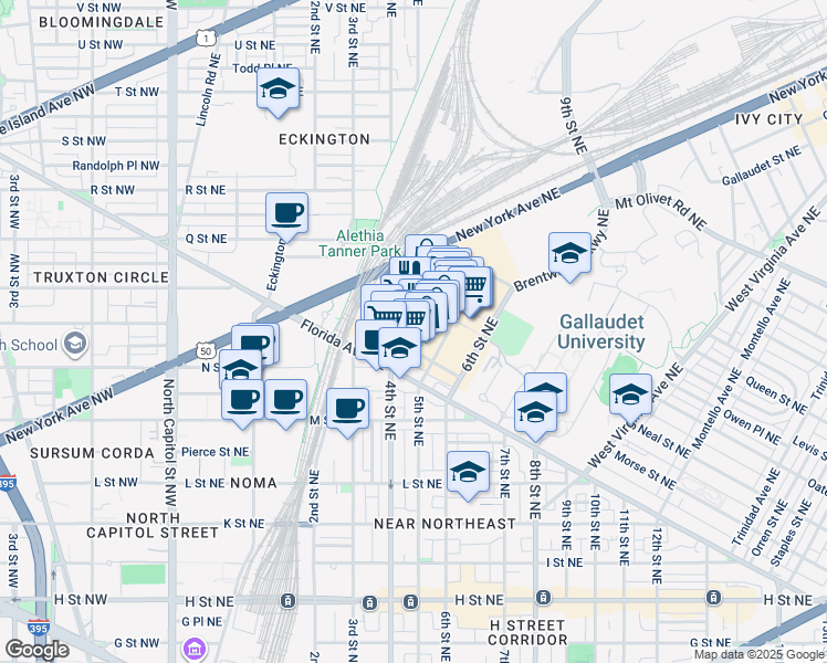 map of restaurants, bars, coffee shops, grocery stores, and more near 4th Street Northeast in Washington