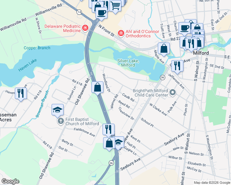map of restaurants, bars, coffee shops, grocery stores, and more near 409 Marvel Road in Milford