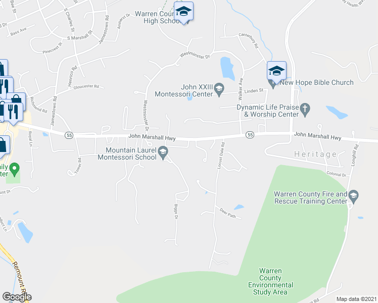 map of restaurants, bars, coffee shops, grocery stores, and more near 1347 Robinhood Lane in Front Royal