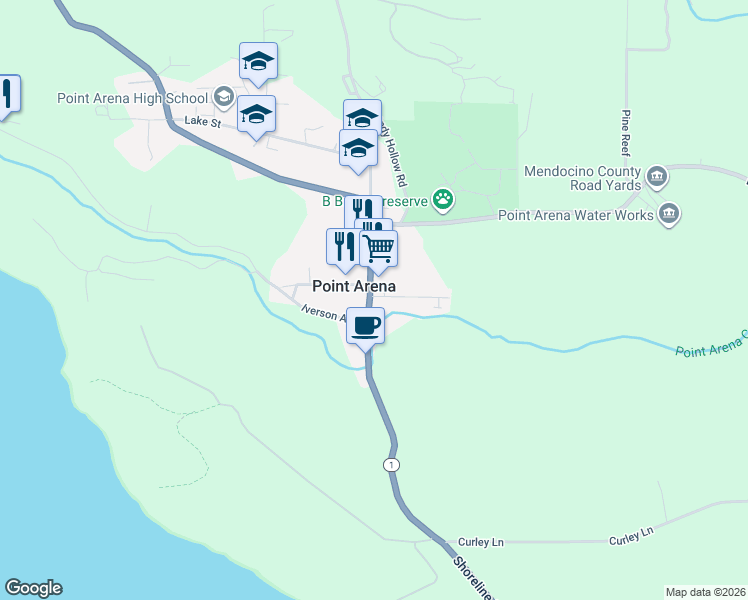 map of restaurants, bars, coffee shops, grocery stores, and more near 165 Main Street in Point Arena