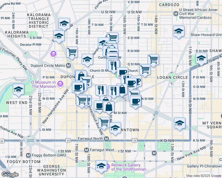 map of restaurants, bars, coffee shops, grocery stores, and more near 1355 17th Street Northwest in Washington