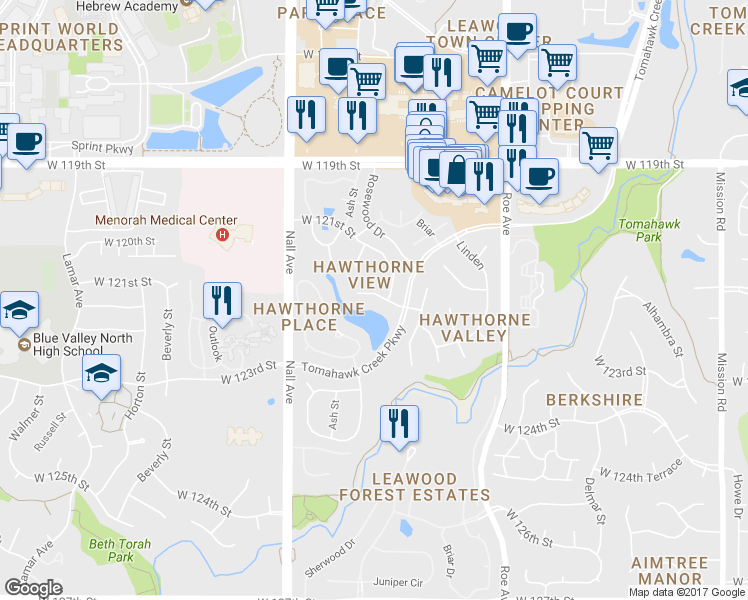 map of restaurants, bars, coffee shops, grocery stores, and more near 5215 West 122nd Street in Leawood