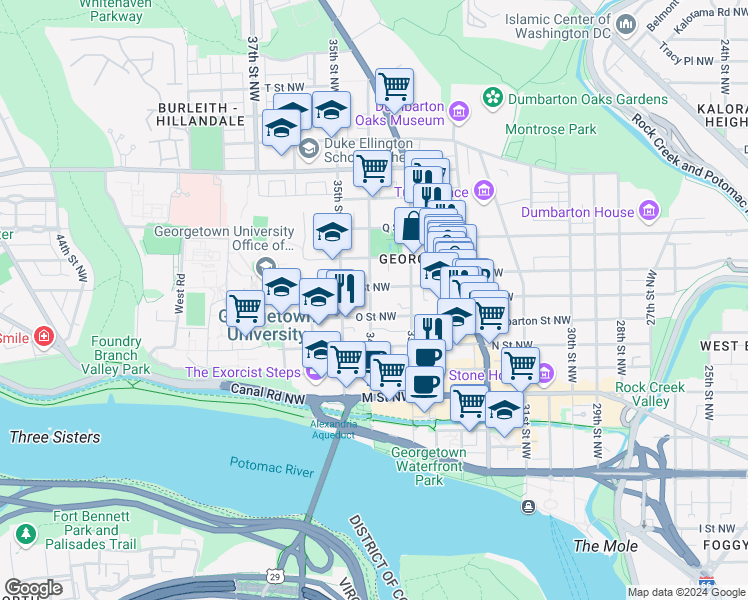 map of restaurants, bars, coffee shops, grocery stores, and more near 1417 34th Street Northwest in Washington