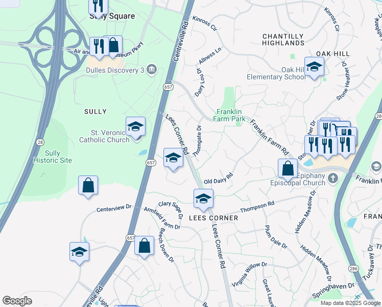 map of restaurants, bars, coffee shops, grocery stores, and more near 3324 Thorngate Drive in Herndon