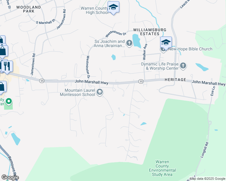 map of restaurants, bars, coffee shops, grocery stores, and more near 1347 Robinhood Lane in Front Royal